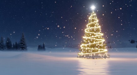 A radiant Christmas tree adorned with warm lights stands in a snowy landscape under a starry night sky.