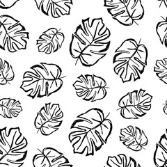 Veasna Omega Black and white pattern featuring various tropical leaves in a stylized design.