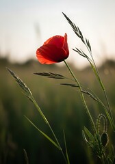 Obraz premium Crimson Poppy Unveiling Petals at Dawn in a Serene Meadow Landscape
