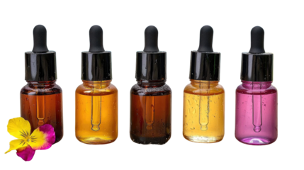 Assorted Essential Oil Bottles with Dropper Caps and Colorful Liquid Extracts for Aromatherapy and Beauty Purposes