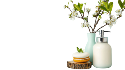 Elegant arrangement of bath products with flowers and cookies on a wooden table, perfect for spa and wellness themes