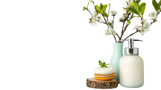 Elegant arrangement of bath products with flowers and cookies on a wooden table, perfect for spa and wellness themes - Powered by Adobe