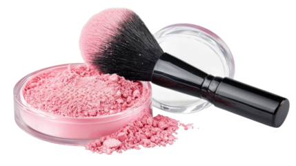 Pink blush powder and brush for makeup application on a white background in high-quality photography