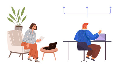 Colleagues exchanging ideas woman seated with paper near laptop, man at desk with computer. Ideal for teamwork, digital communication, brainstorming, productivity, coworking, problem-solving, simple