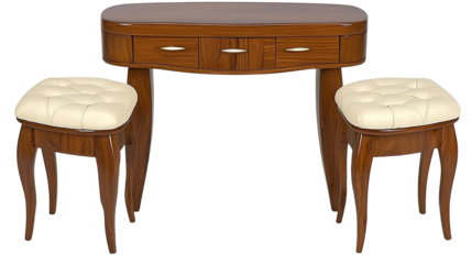 Elegant wooden vanity table with two upholstered stools featuring soft cream cushions and stylish curved legs