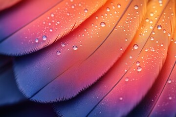 Vibrant feather texture with water droplets showcases smooth gradient color from orange to purple, creating serene natural macro pattern background for design and wallpaper use
