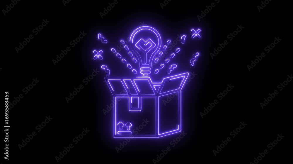 Poster neon idea lightbulb emitting from box animated glow concept for startup innovation