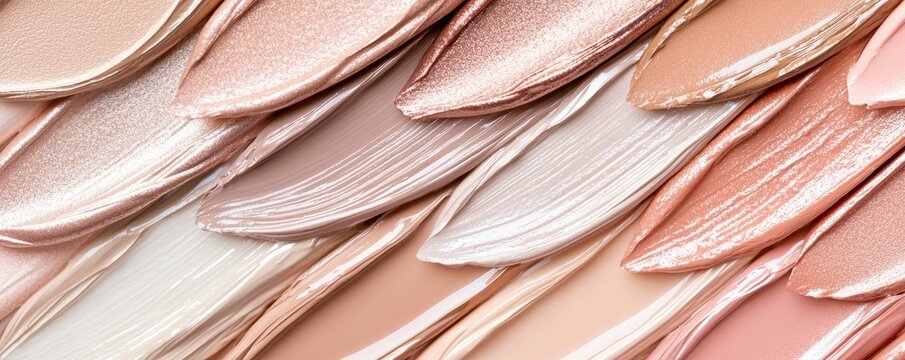 A close-up of various shades of creamy, metallic makeup swatches arranged in a visually appealing pattern.