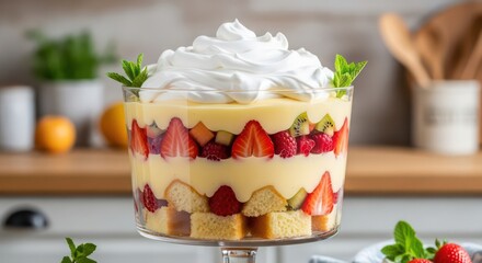 Spectacular layered fruit trifle with fresh berries, custard, and a generous whipped cream swirl.