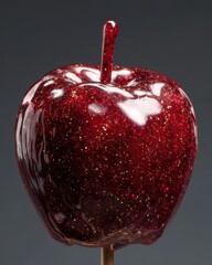 Glittery Red Apple on Stick, Dark Background, Studio Shot.