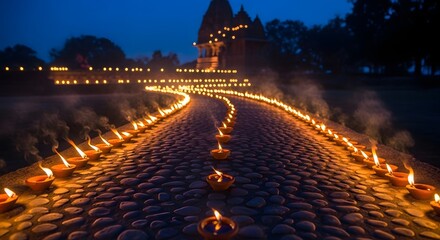 Glowing traditional oil lamps illuminating a cobblestone path during Diwali festival.