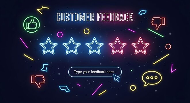 Neon graphic design showcasing customer feedback with stars and various icons. - Powered by Adobe