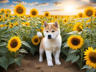 A cute Shiba Inu puppy standing in a sunflower field during a beautiful golden sunset.