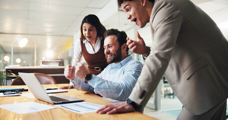 Laptop, team and success with business people in office for account growth, winner and profit,...