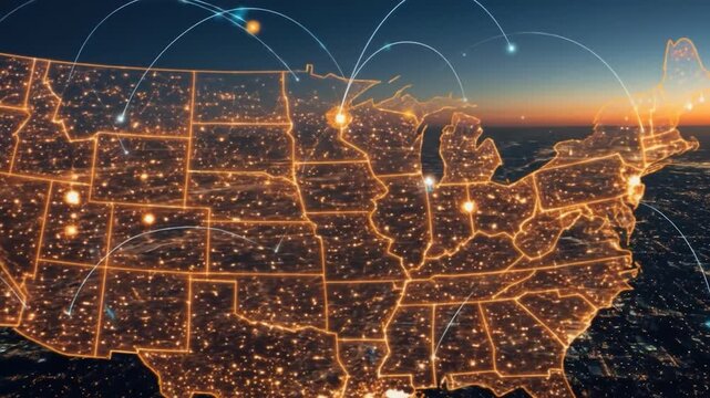 Usa map connected by digital network technology at night