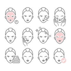 Women face and skin care, cosmetic routine icon set. Face mask sheet, cleaning and moisturizer icons.	