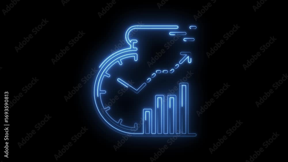 Poster Time management optimization with growing business chart neon glow animation on black background