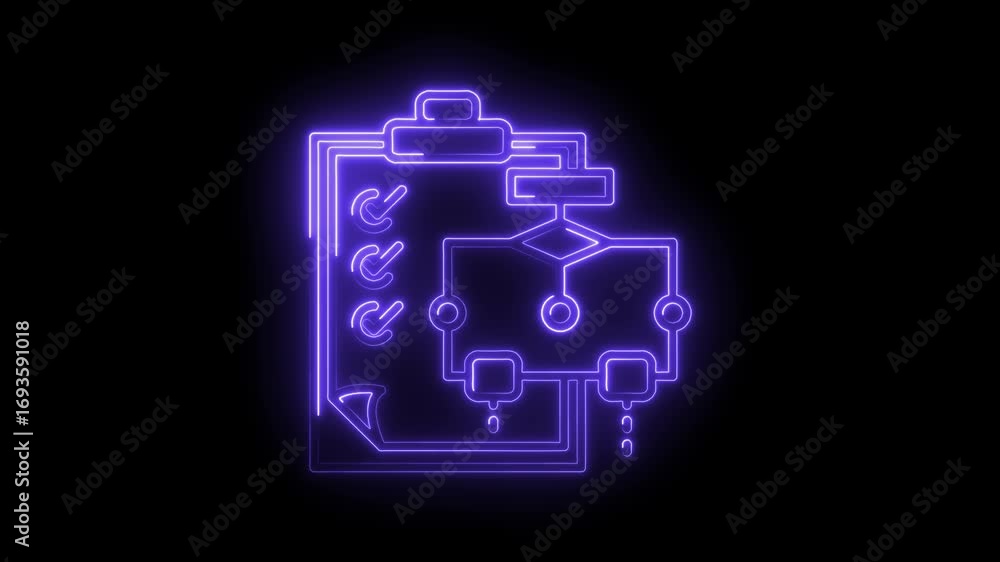 Poster neon glowing checklist and workflow diagram on dark background for project management concept
