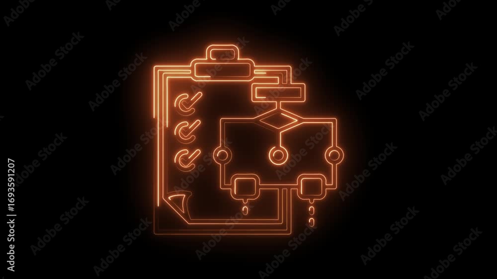 Aufkleber glowing neon clipboard checklist and flowchart on black background business process visualization