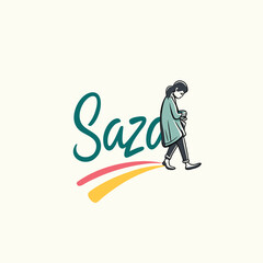 A woman carrying a bag strolls by, with the word 