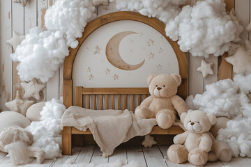 Cakesmash photography background of teddy bear and wooden bench with stars and fluffy clouds.