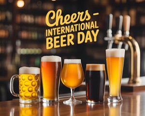 A vibrant photograph for International Beer Day, showcasing five distinct glasses of craft beer on a wooden bar top.