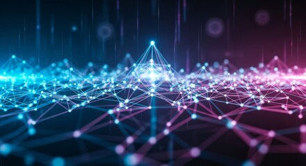 Abstract Digital Network:  A Visualization of interconnected nodes and data streams in vibrant blue and pink hues.