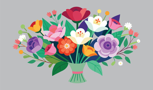 A pink bouquet of tulips and roses on an Easter greeting card surrounded by blooming spring flowers - Powered by Adobe