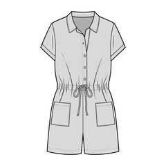 Light Grey Short Sleeve Button Up Romper with Drawstring Waist and Pockets Fashion Flat Sketch jumpsuit