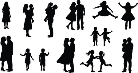 Black silhouette set of adults and children in playful, affectionate poses—vector illustration for family bonding, parenting, and social themes