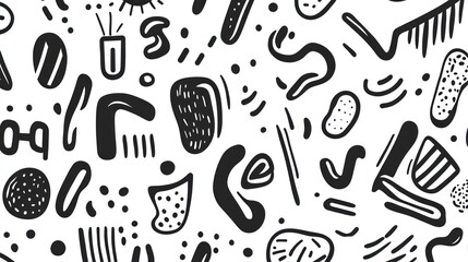 Abstract seamless pattern with hand-drawn black shapes on white background.