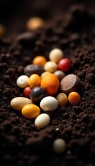 Diverse Seeds Nestled in Dark Soil, Ready for Spring Planting - High-Resolution Agricultural Image
