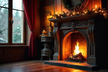 Cozy fireplace with glowing embers, intricately carved wooden mantelpiece, and festive garland Warm, inviting ambiance perfect for holiday season or romantic evening , rustic, embers, traditional