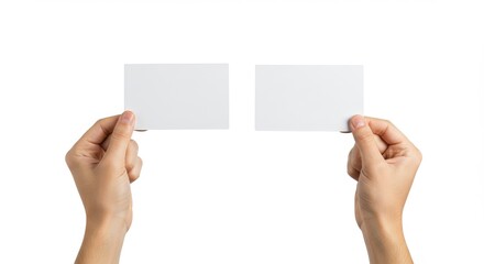 Obraz premium Two Hands Holding Blank White Business Cards ,Minimal Mockup Template for Branding, Corporate Identity, and Card Design Presentation