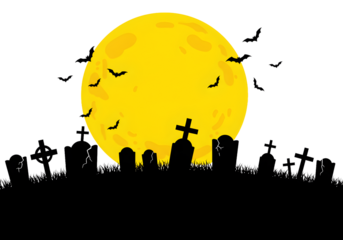 Spooky Halloween night with full moon shining over graveyard as bats fly in chilling scene