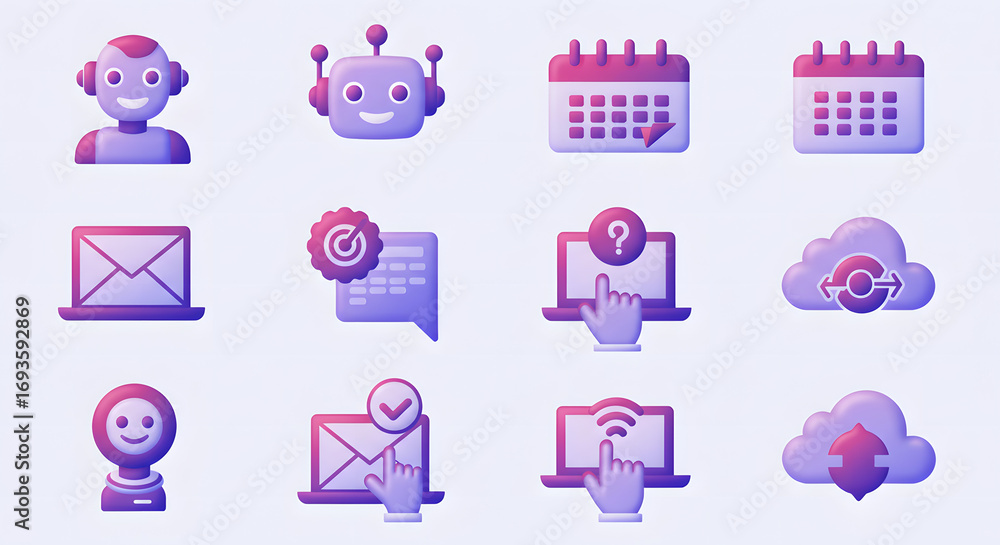 Fototapete modern 3d icon collection in a soft violet style for user interface design, representing communicati