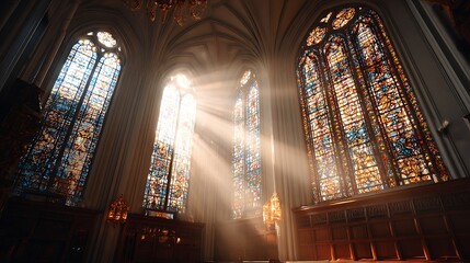 Sunlight Streams Through Stained Glass Windows in Gothic Interior
