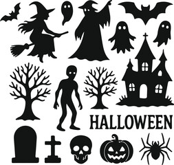 Halloween silhouette icons featuring witch ghost zombie castle and pumpkin