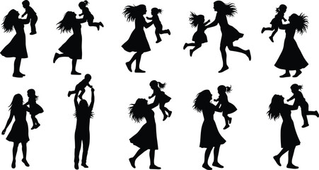 Black silhouette set of mother and child in affectionate poses—lifting, hugging, walking—vector illustration for parenting, love, and bonding