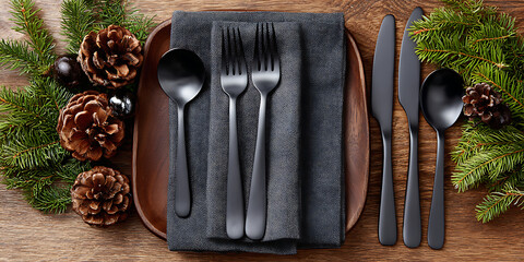 Elegant Black Tableware Set Surrounded by Pinecones and Greenery for a Festive Dining Experience
