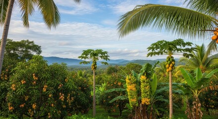 Picturesque Tropical Fruit Farm with Papaya and Banana Trees Under a Clear Blue Sky and Distant Mountains.