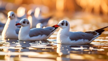Gulls on water at sunset