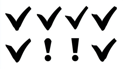 Solid checkmark and exclamation icons, bold black and white, for task completion and alerts with copy space © Sergei
