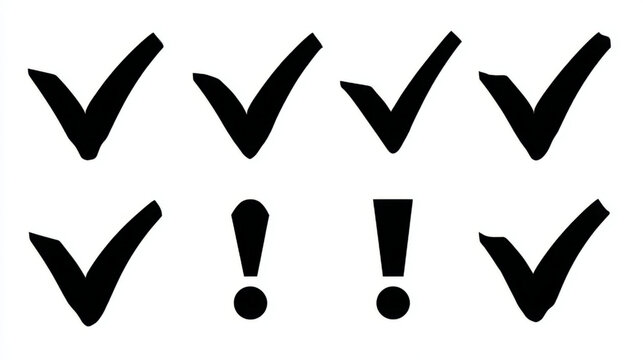 Solid checkmark and exclamation icons, bold black and white, for task completion and alerts with copy space