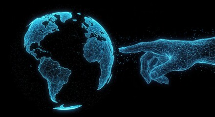Digital Earth Hologram Touched By A Wireframe Hand On Black Background globe planet