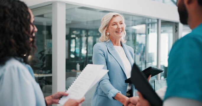 Nurse, people or handshake in meeting for medical agreement or partnership contract with tablet. Smile, clinic or shaking hands for healthcare funding, support or collaboration with hospital director