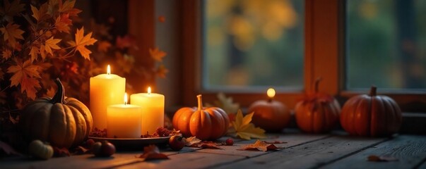 Cozy autumn evening scene featuring flickering candlelight illuminating a warm, inviting space Perfect for relaxation, comfort, and seasonal themes , comfort, relaxing