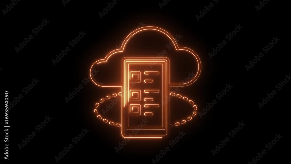 Poster neon style cloud computing service with document data transfer on dark background