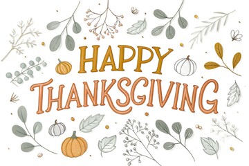 Happy thanksgiving greeting card with pumpkins and leaves isolated on white background