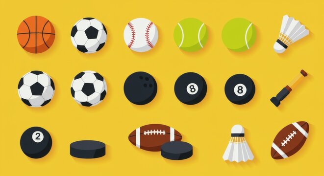 Sports Balls and Equipment Icons , Basketball, Soccer, Tennis, Baseball, Volleyball, Billiard, Hockey, and More